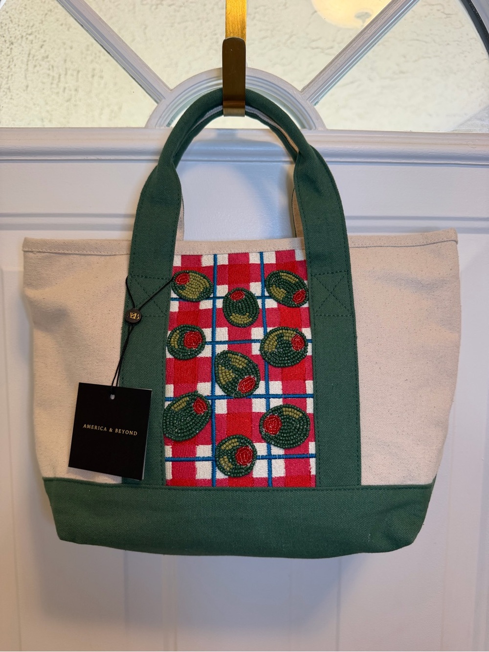 America & Beyond Olive Beaded Canvas Boat Tote - Green and Cream